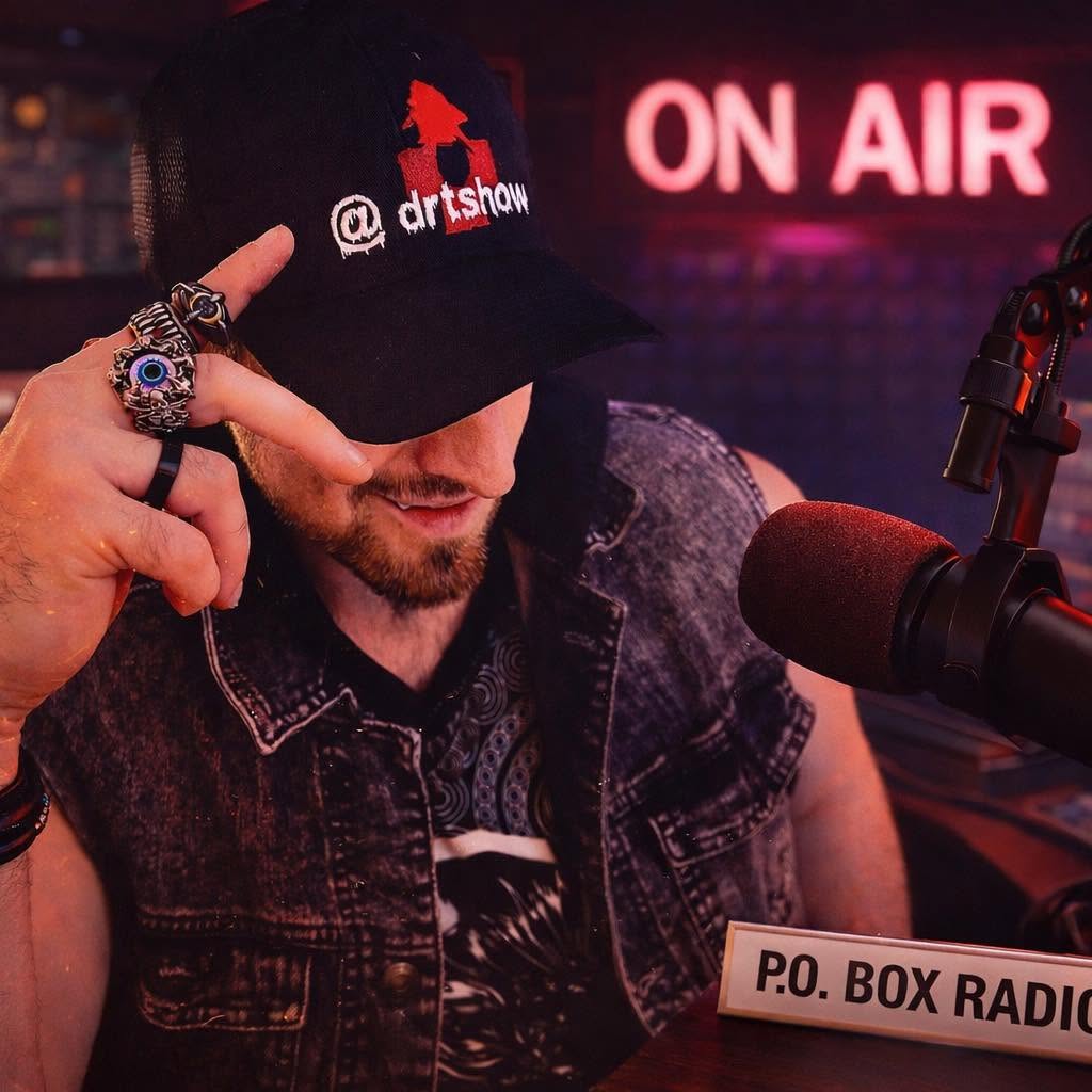 Dr T North at the microphone in his P.O. BOX RADIO studio, beneath an illuminated On Air sign