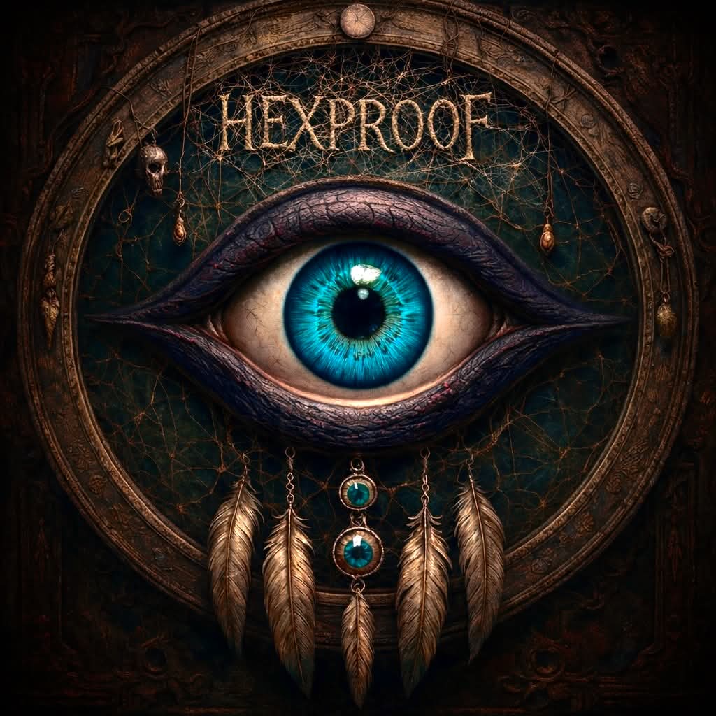 Hexproof album artwork: a turquoise evil eye surrounded by an ornate dreamcatcher