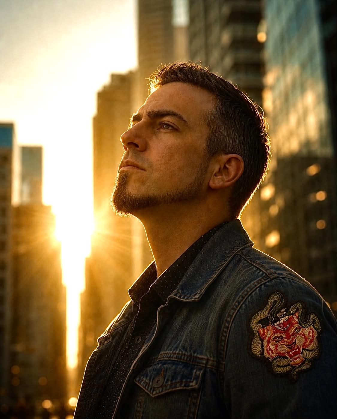 Taylor North in his denim jacket at sunset in the city