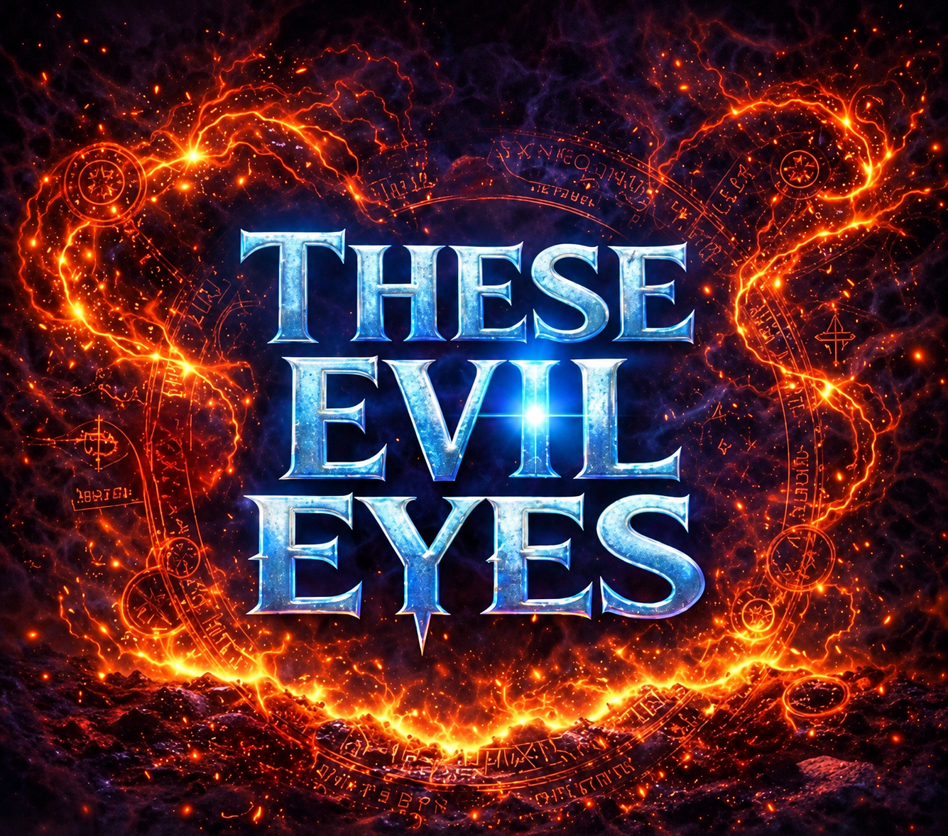 These Evil Eyes in silver-blue lettering surrounded by glowing orange rings